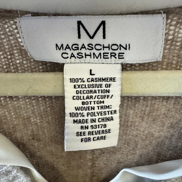 Magaschoni 100% Cashmere Layered Look‎ V-Neck Sweater Taupe White Trim Large - Image 7