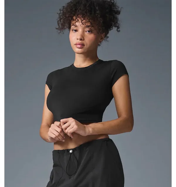 ALO Yoga Black Cropped Crewneck Cap-Sleeve Top - Image 4