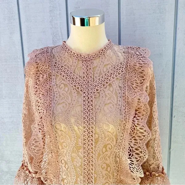 Melograno Rico Lace Blush Blouse See-through Top Long Sleeve Size Small - Image 3