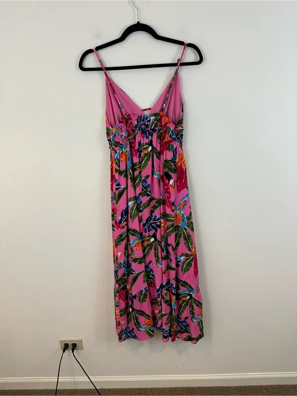 By the River Pink Tropical Print Spaghetti Strap Maxi Dress V-Neck Size Medium - Image 7