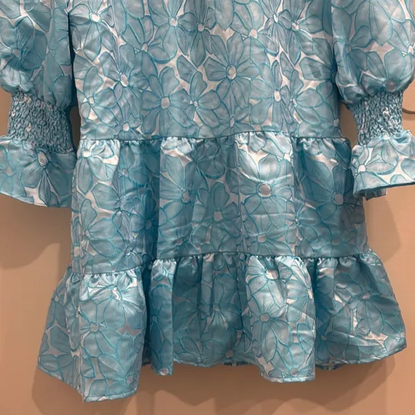 Pomander Place Blue Floral Jacquard Kenzo Tiered Mini Babydoll Dress‎ Medium NEW - Image 9