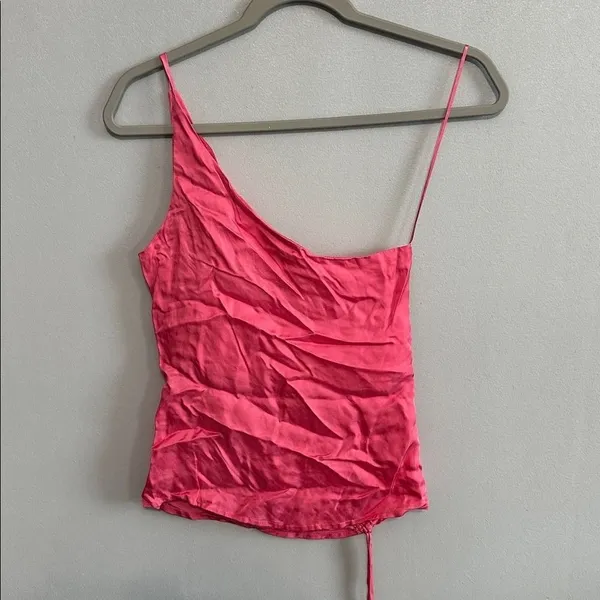 Crescent Womens Tank Top Pink Asymmetrical Ruched Satin Camisole XS - Image 4