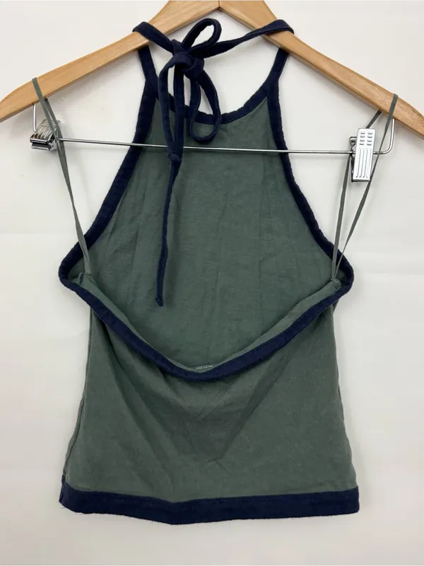 American Eagle high neck halter crop top olive green navy blue tie XS - Image 2