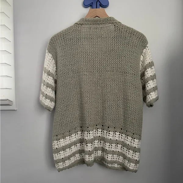 VTG Large Short Sleeve Cardigan Button‎ Up Embroidered Floral Sage Green Crochet - Image 2