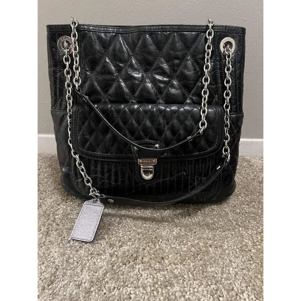 Vintage Coach Poppy Leather Slim Tote Bag‎ Sliding Chain Strap Purse Handbag Blk - Image 8