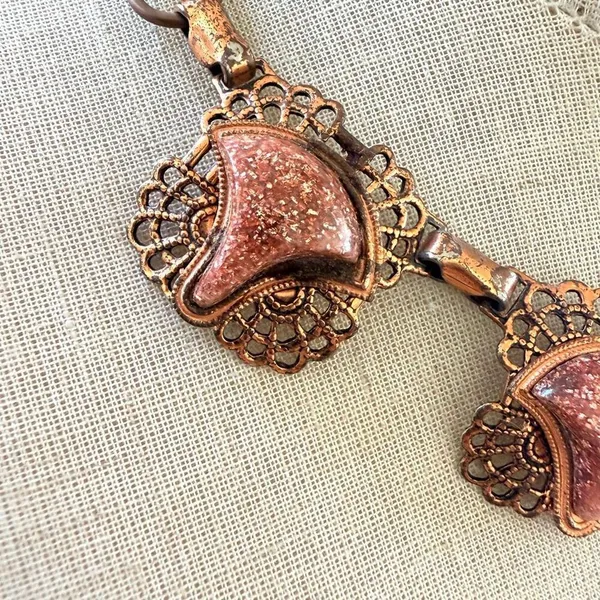 Vintage Copper Filigree Necklace w Goldstone & Turquoise tone Beads - Image 6