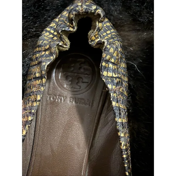 Tory Burch Reptile Embossed Reva Ballet Flats Metallic Gold Black 6 - Image 3