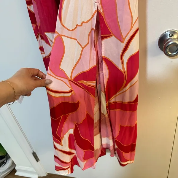 Japna | NWT Woman's Pink Red Abstract Floral Strapless Ruffle Maxi Dress, Size S - Image 4