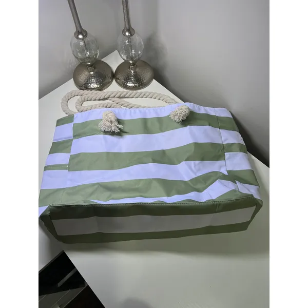 Sage Green and White Striped Canvas‎ Beach Tote Bag with Rope Handles Zip Top - Image 2