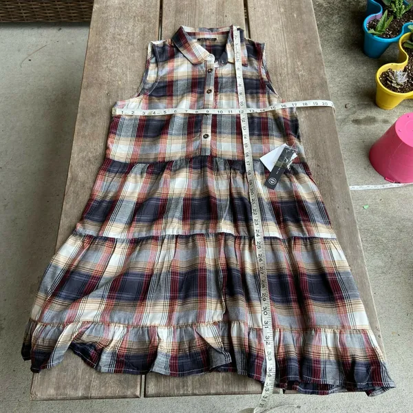 As U Wish Womens Dress Size Large Sleeveless Plaid Brown Shirt Tiered NEW‎ - Image 5