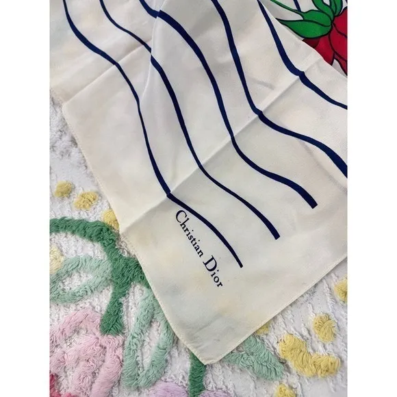 Christian Dior Vintage Silk Scarf Red Rose Navy Wavy Stripe Cream Made in France - Image 10