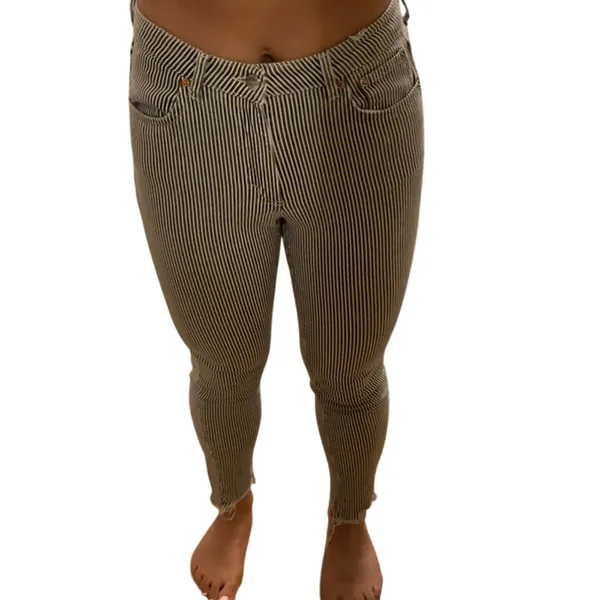 PULL&BEAR Striped Skinny Crop Jeans Sz 28 Gray White Raw Hem Stretch Cotton - Image 5