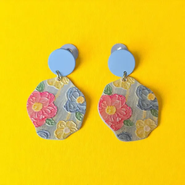 Flowerful Colorful Embossed‎ Acrylic Earrings with Blue Studs - Image 2