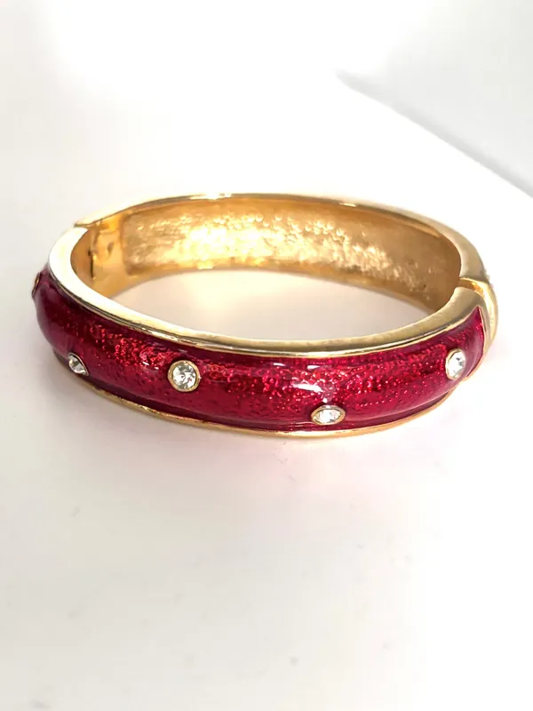 Vintage Red Enamel Hinge Bangle Bracelet Gold Tone Rhinestone Accent - Image 2