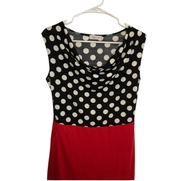 Yisijnet‎ Women's Sleeveless Dress Black White Polka Dots Red Skirt Cowl Neck - Image 3