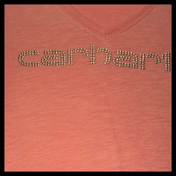 Carhartt Long Sleeve V-Neck Graphic‎ T-Shirt Women XXL Coral Studded Logo Casual - Image 3