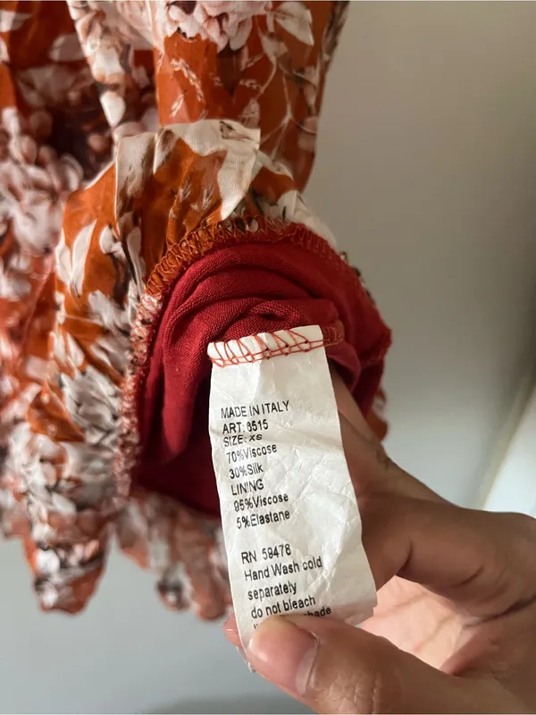 Rust Orange Silk Floral Mini Dress XS Euro Summer Resort Romantic Flutter Sleeve - Image 6