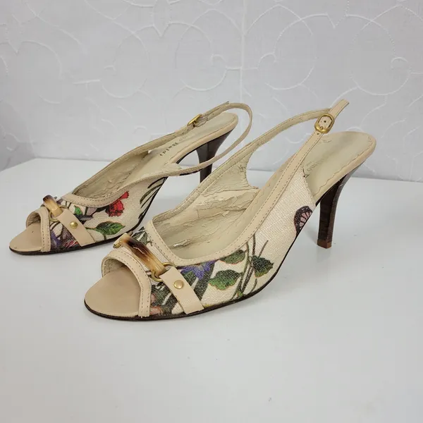 Massimo Baldi Womens Sandals Size 6.5 Cream Floral Open Toe Slingback Heels - Image 4