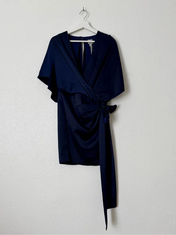 ASOS Navy Satin Wrap Mini Dress Size US 8 Tie Waist Open Back - Image 7