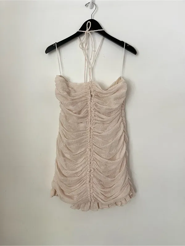 Miou muse ruched ruffle halter neck mini dress off white cream textured coquette - Image 3