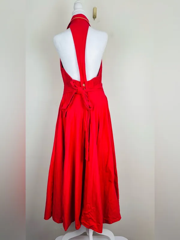 Vintage 90s Karen Alexander red w gold braid and buttons halter dress full skirt - Image 7