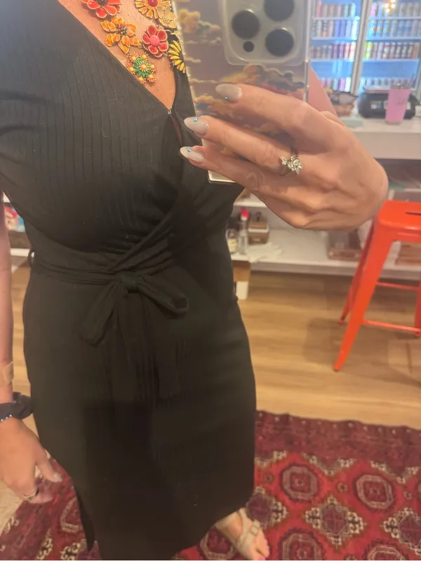 Ribbed Black Midi Wrap Dress with Waist Tie - Image 5