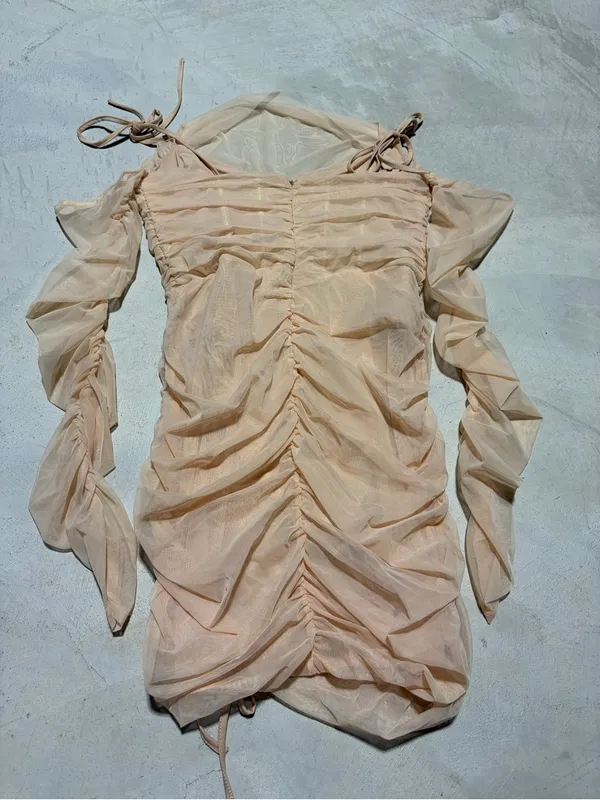 Oh Polly NWT Women's Ruched Tie-Strap Mesh Dress sand 8 - Image 10