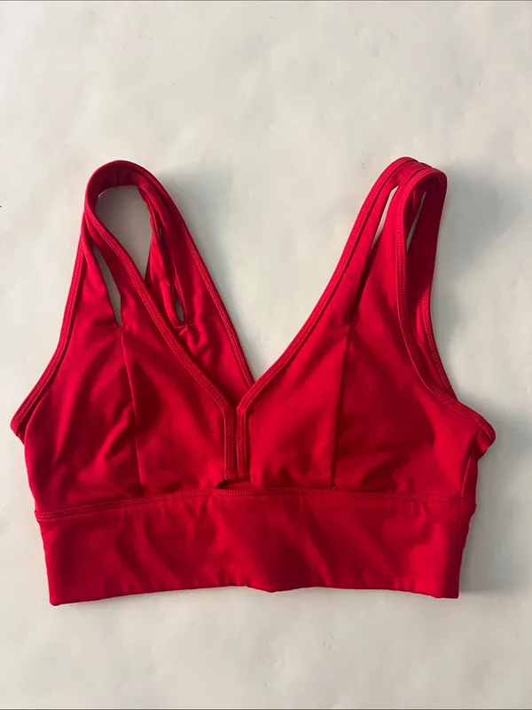 ALO YOGA UNITED LONG BRA DOUBLE V NECK SPORTS BRA RED Small - Image 2