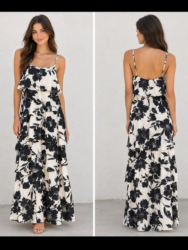 Old Navy Floral Tiered Full Length Maxi Dress in Black and Cream Size Medium - Image 2