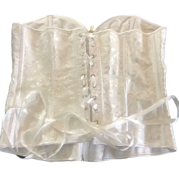 White Satin Zip Up Corset Sz XL Boning Printed Lace Up Ribbon Back Waist Nipper - Image 2