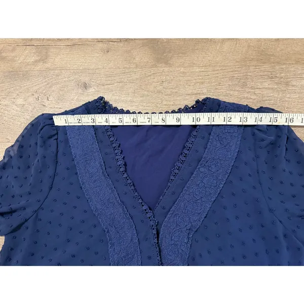 Mi Ami Navy Blue Swiss‎ Dot Lace Trim Faux Wrap Long Sleeve Blouse Medium - Image 9