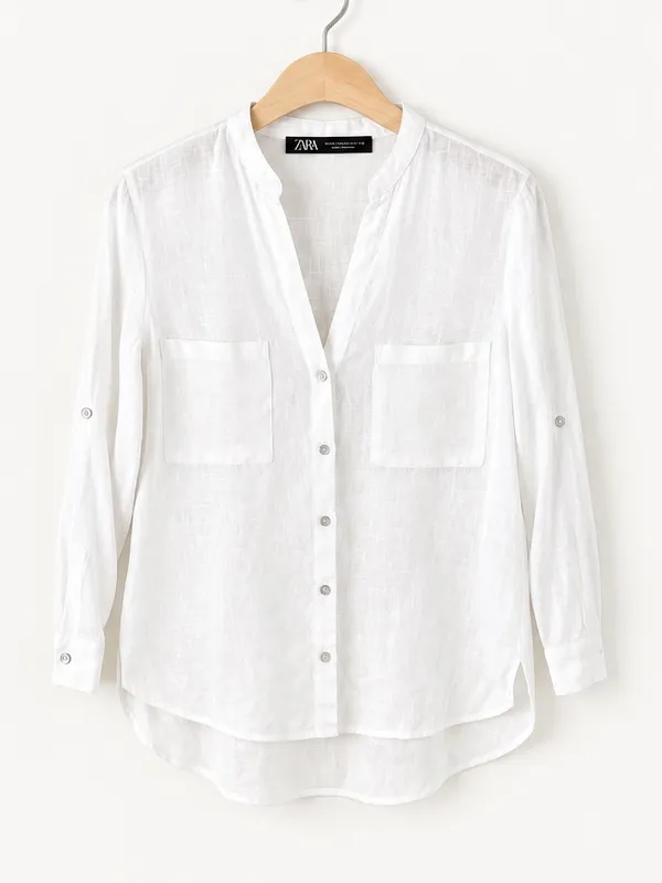 Zara 100% Linen Oversized White V-Neck Button Down Blouse XS Mandarin Collar - Image 4