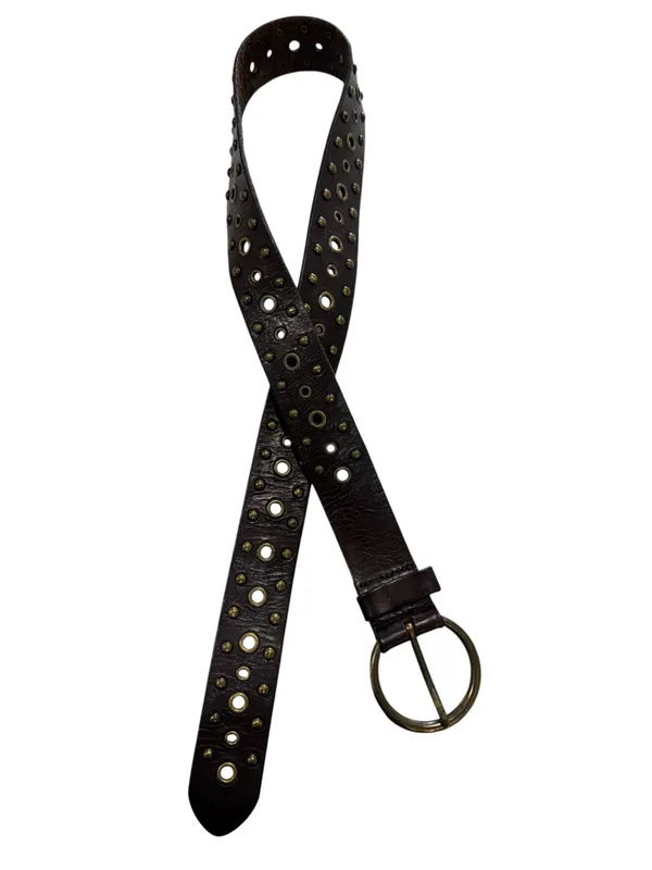 Fossil Dark Brown Genuine Leather Eyelet Studded Belt Round Brass Buckle - Image 2