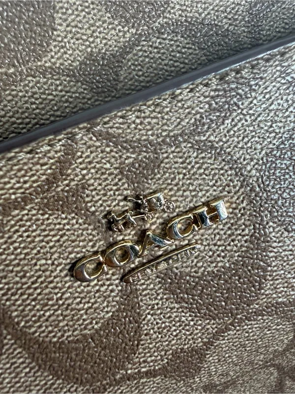 Coach‎ Signature Monogram Khaki Brown Leather Trim Crossbody Bag - Image 6
