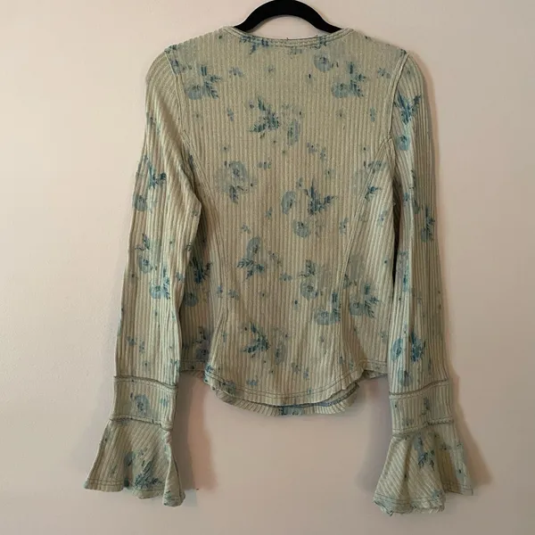 Free People Gray Blue Ribbed Henley Loungewear Top Long Sleeves Women size Large - Image 6