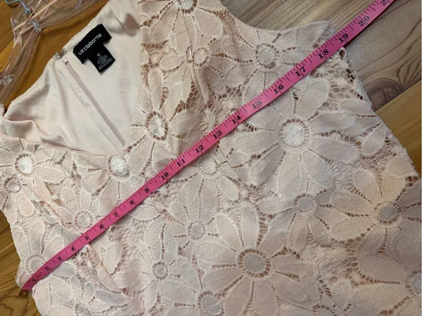 Liz Claiborne Pink Floral Daisy Lace Dress 16 V-Neck Cap Sleeve Flirt A-Line - Image 3
