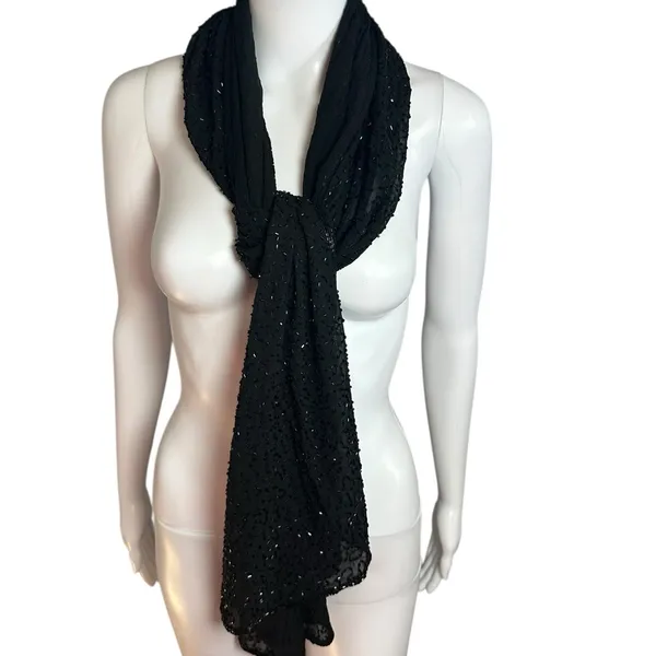 Silk Beaded Elegant Black Sheer Shawl Scarf Size OS - Image 4