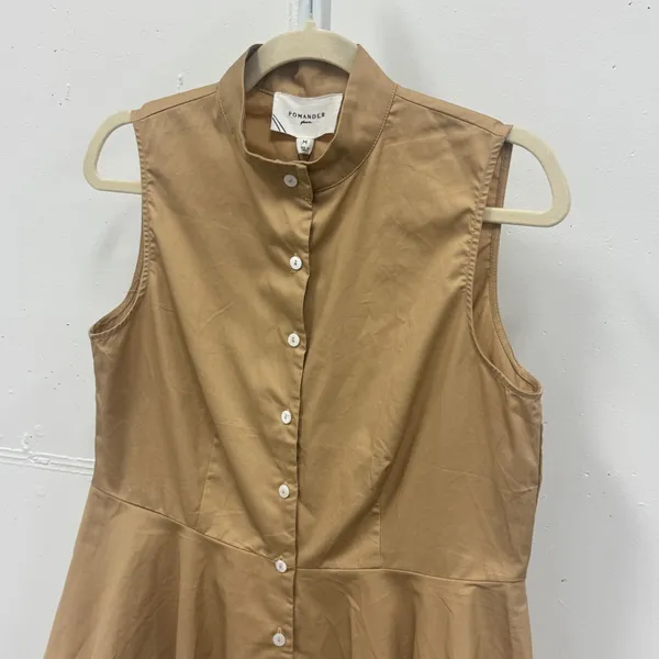 NWT Pomander Place Tan Cotton Peplum Mock Neck Sleeveless Button Down Top B1133 - Image 3