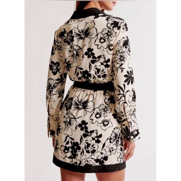 Abercrombie & Fitch Womens Black Cream Floral Wrap Mini Dress Long‎ Sleeve - Image 2