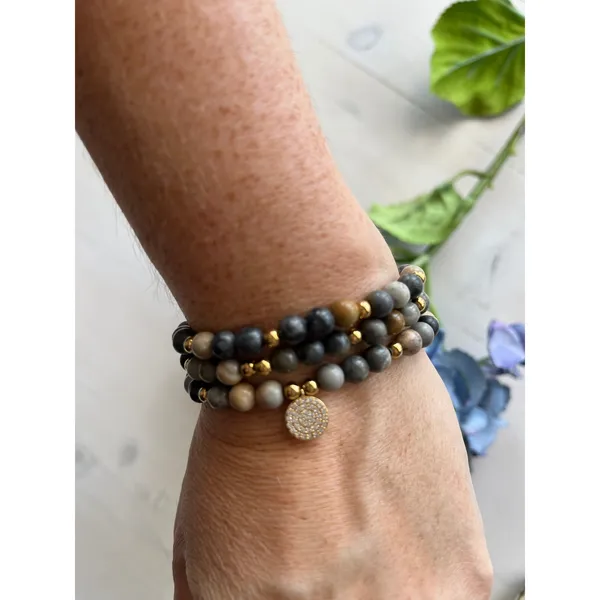 Beaded Stretch Bracelet Set Natural Stone Gray‎ Brown Gold Charm Boho Stacking - Image 2
