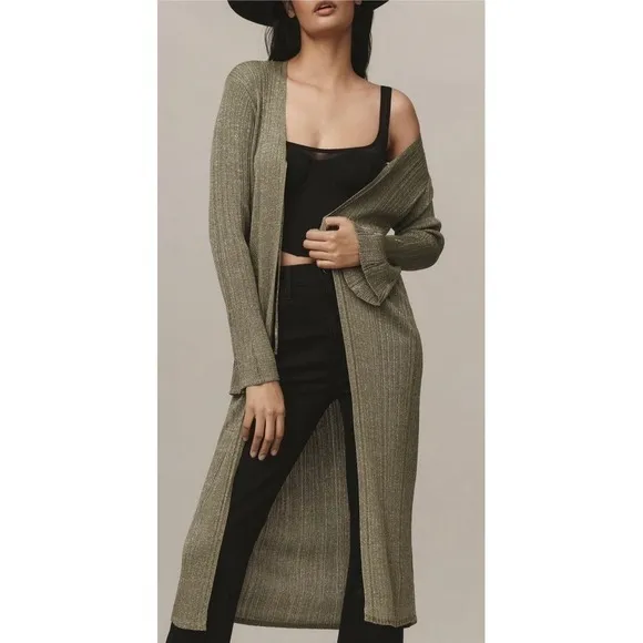 By ANTHROPOLOGIE Long Shine Cardigan Sweater Green Tie Front Knitwear Small - Image 5