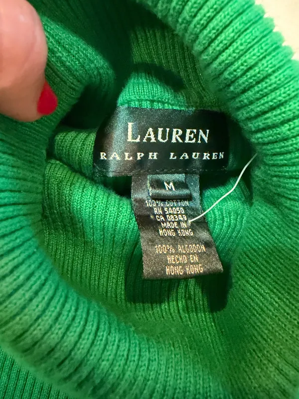 Lauren Ralph Lauren RL Logo Green Ribbed Cotton Turtleneck Sweater Women’s Medium - Image 3