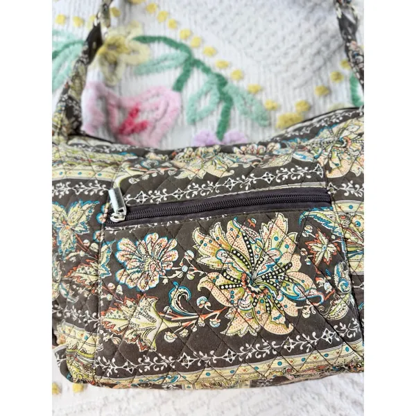 Quilted vtg‎ Floral Paisley Cotton Shoulder Bag Brown Hobo Purse Zippered Pocket - Image 10
