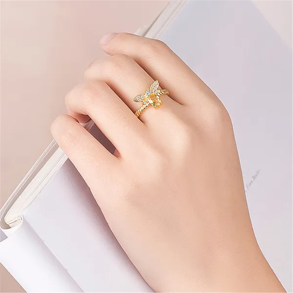 18K Gold Plated Adjustable Yellow Crystsl Honey Bee Ring for Women - Image 5