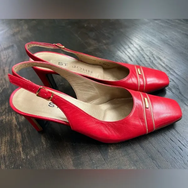 St. John Women’s Cherry Red Classic Retro Leather Slingback Pump Heels 5 - Image 2