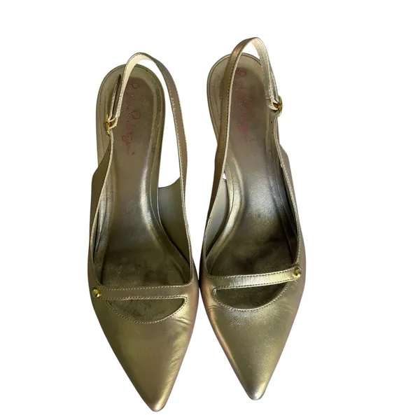 Lilly Pulitzer Slingback Heels Women's Size 9M Gold Metallic Pointed Toe Strap - Image 2