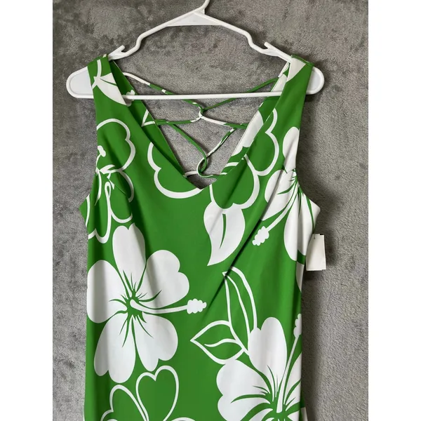 Vintage Tropical Hibiscus Floral Midi Dress Green White Resort Vacation S New - Image 2