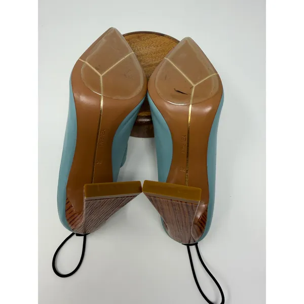 YEVRAH Light Blue Leather Ruched Toggle Pointed Toe Wood Block Heels Size 38 - Image 4
