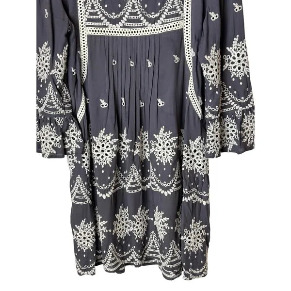 Sundance Embroidered Mini Dress Women Medium Gray Boho Eyelet Bell Sleeve - Image 5