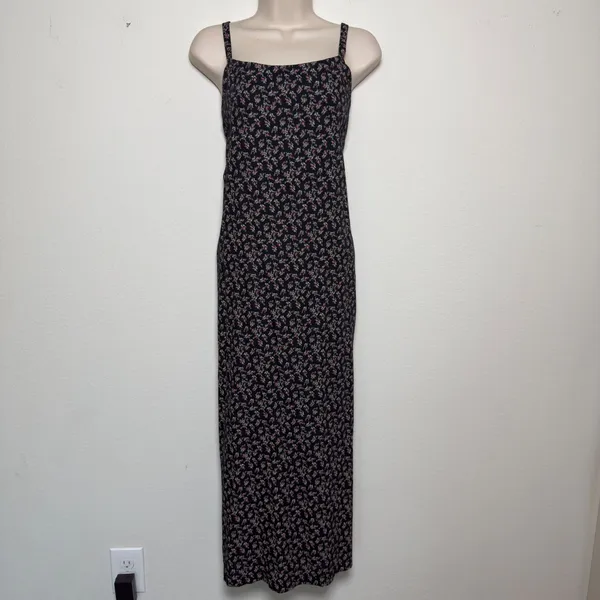 90s Handmade Women Indie Grunge Maxi Dress Small Black Ditsy Floral Square Neck - Image 7